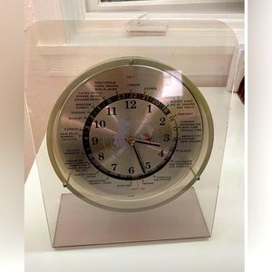 Vintage Lucite Acrylic Stand GMT World Time Zone Clock With Airplane Hand Japan